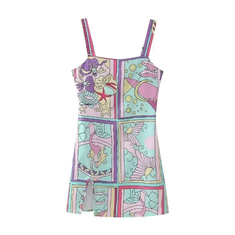 Robe courte sans manches avec imprimé sirène pastel, en coton léger, idéale pour l'été et les journées à la plage.