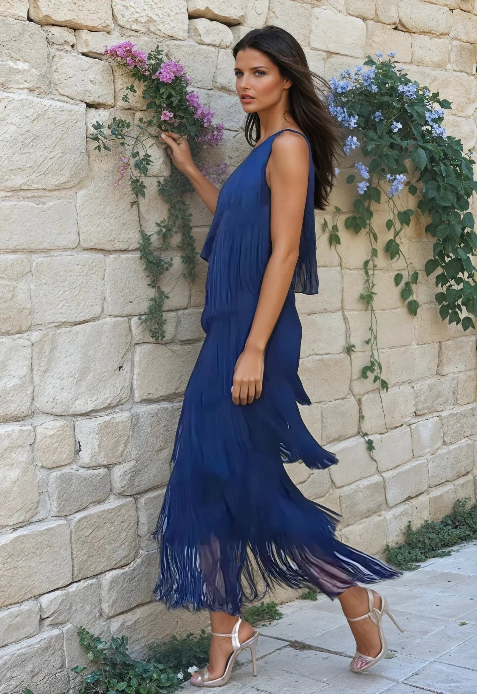 Robe longue bleu marine une épaule avec des franges, conçue en tissu léger pour un style élégant lors des soirées.