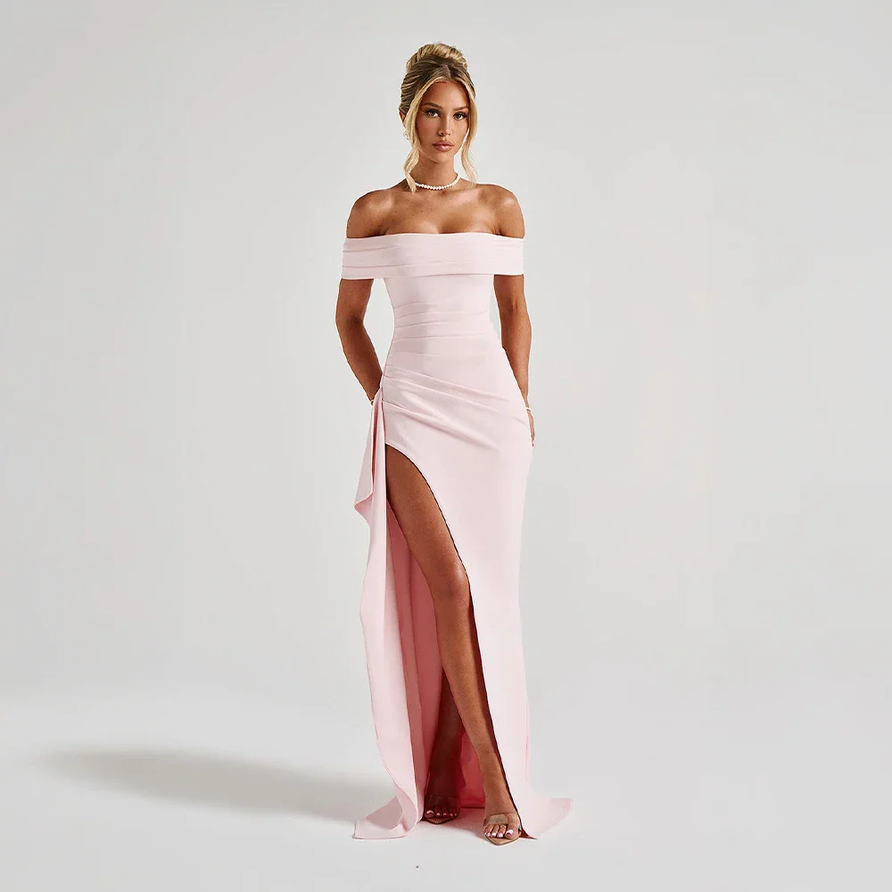 Robe longue femme en coton, épaules dénudées, fente sur le côté, idéale pour les journées d'été décontractées.