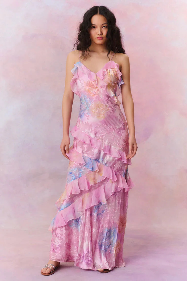 Robe longue femme en polyester, avec volants asymétriques et bretelles fines, idéale pour les occasions décontractées.