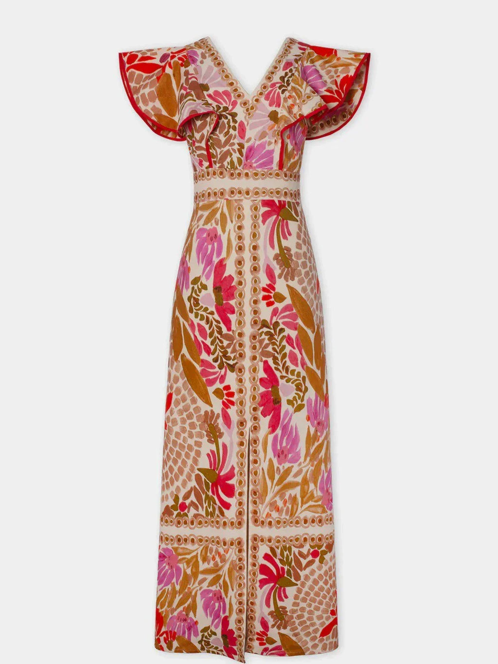 Robe longue fluide rouge à fleurs, manches volantées, col en V, fente, parfaite pour l'été, en tissu léger et respirant.