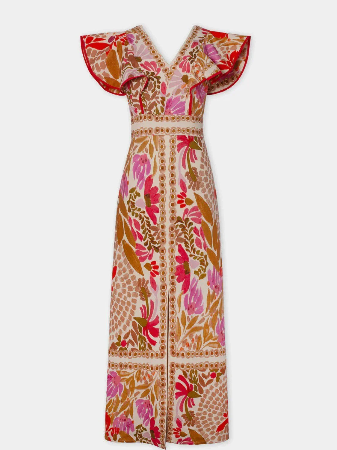 Robe longue fluide rouge à fleurs, manches volantées, col en V, fente, parfaite pour l'été, en tissu léger et respirant.