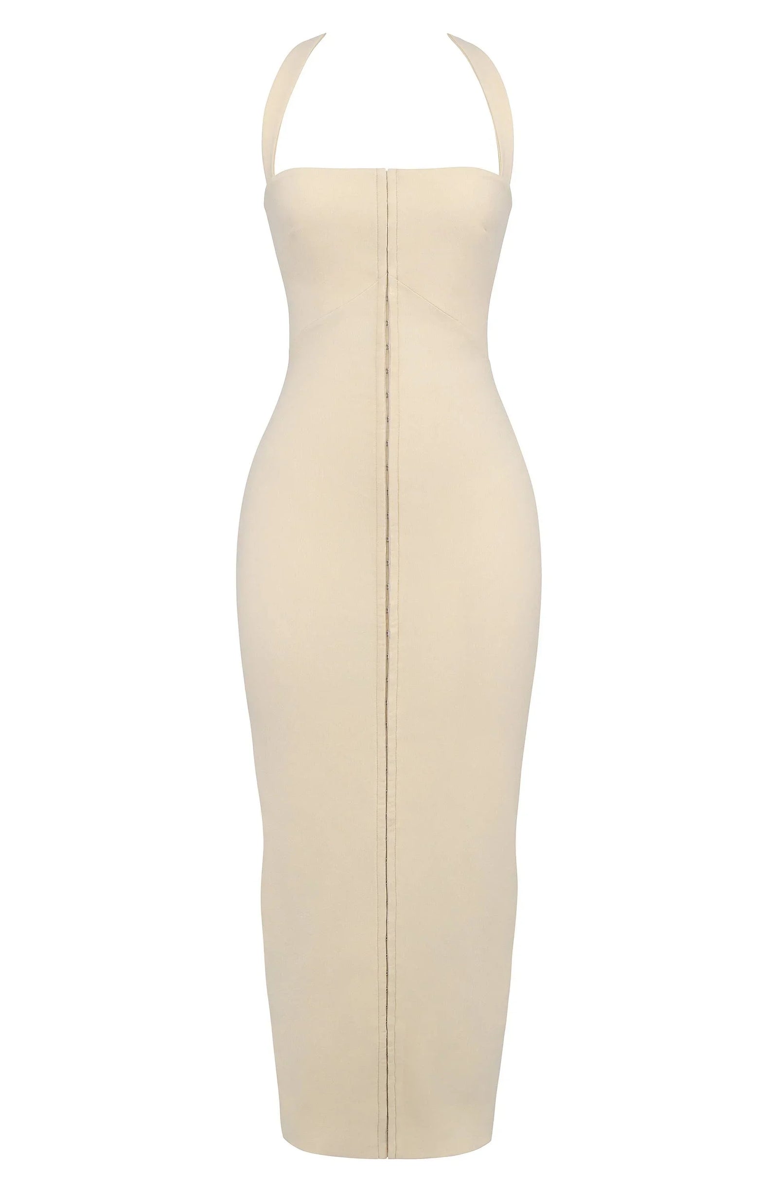 Robe longue ajustée sans manches en tissu léger, avec une fermeture zippée au dos pour un enfilage facile et un style moderne.