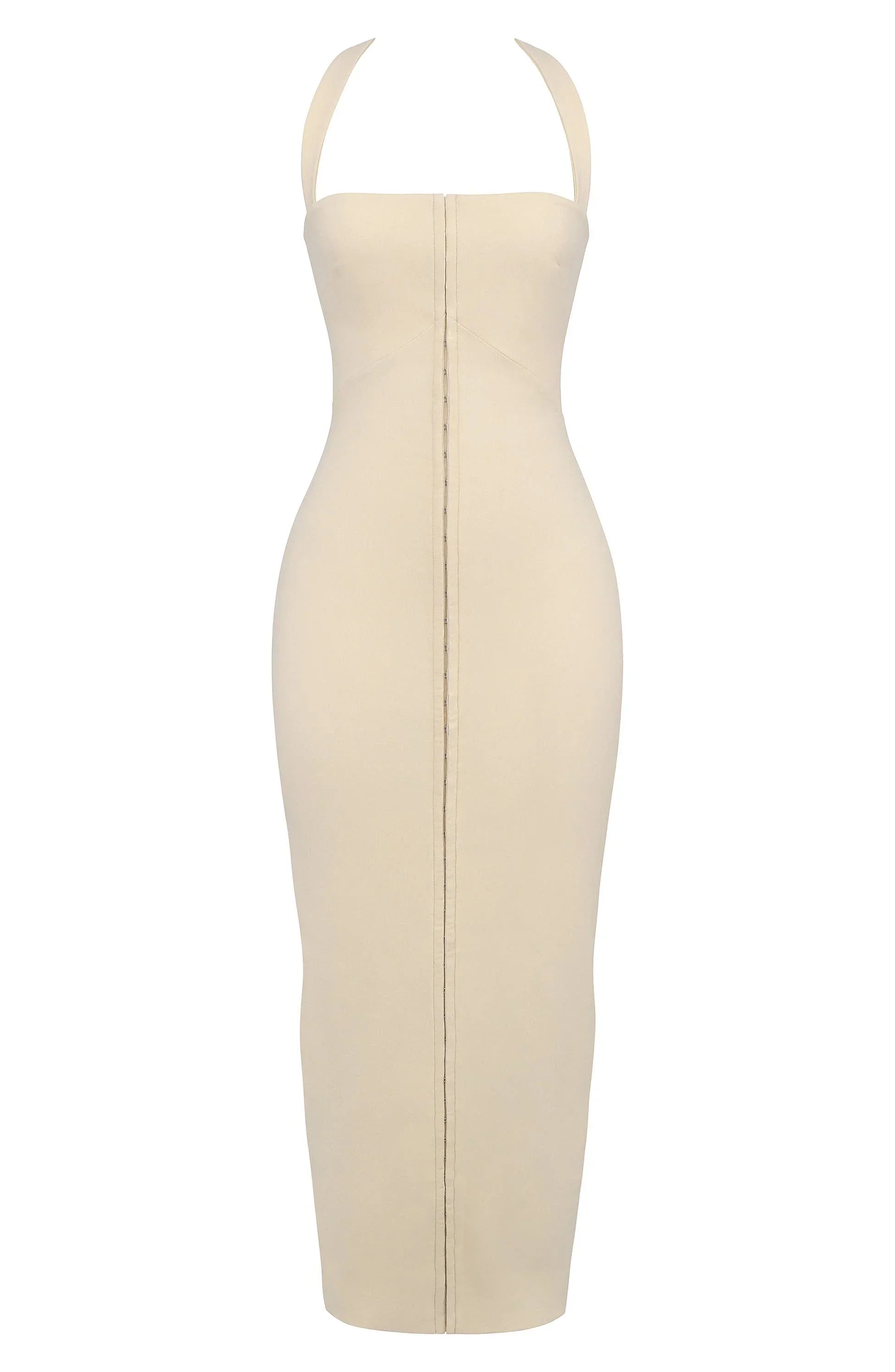 Robe longue ajustée sans manches en tissu léger, avec une fermeture zippée au dos pour un enfilage facile et un style moderne.