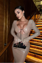 Robe longue beige à sequins, manches longues, col en V profond, idéal pour soirées élégantes, en tissu léger et scintillant.