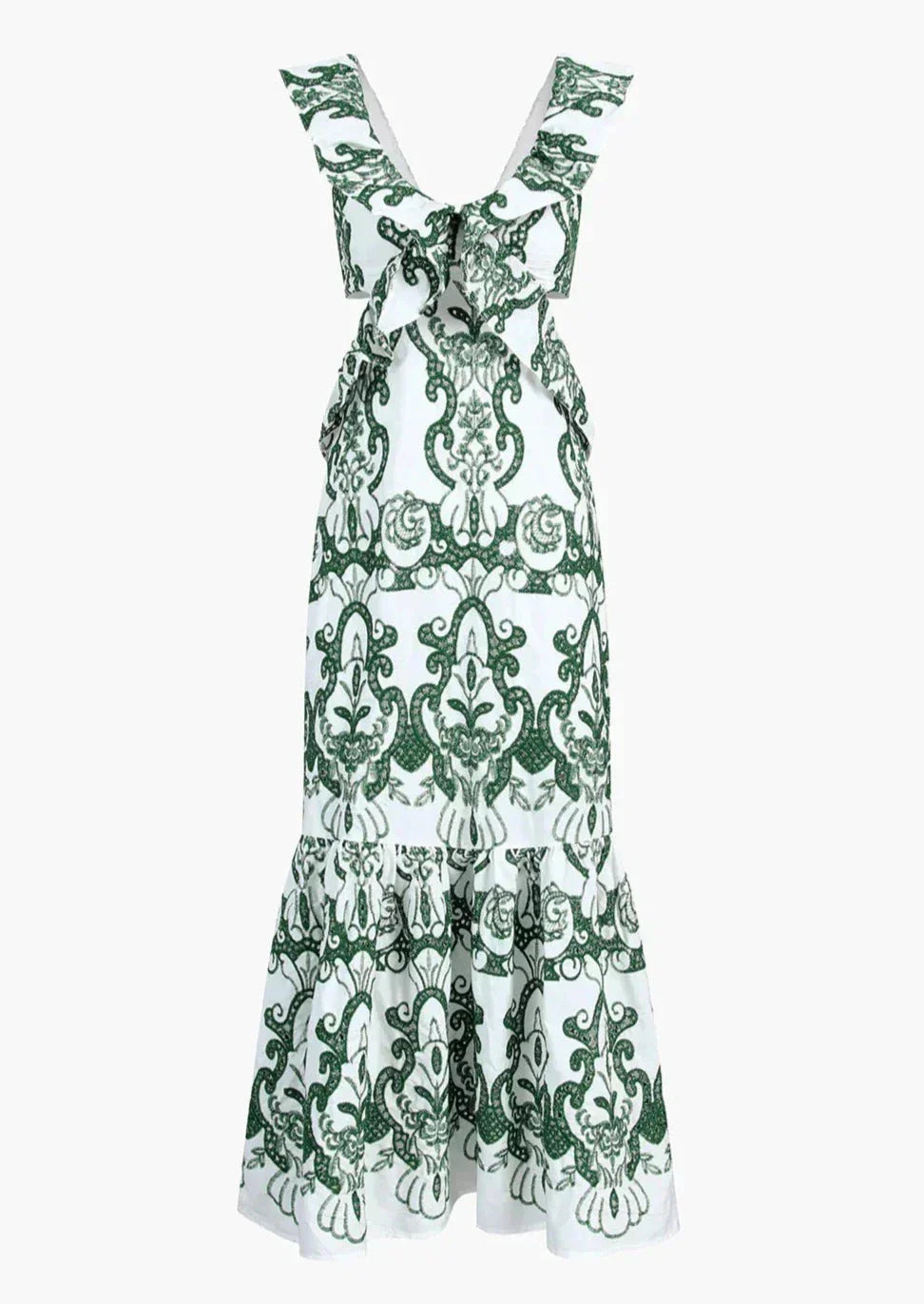 Robe longue blanche et verte à volants, en coton léger, avec un dos noué et des motifs floraux pour l'été.