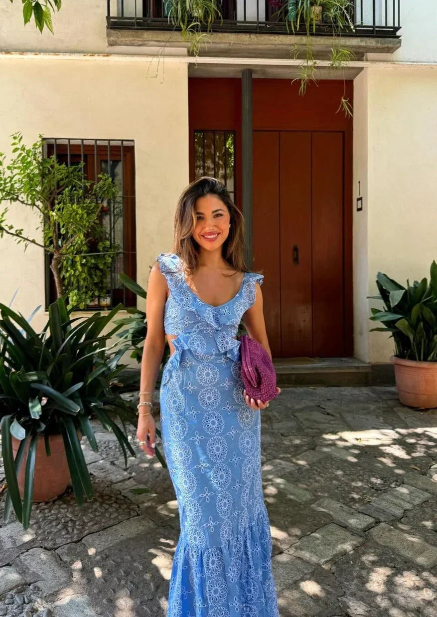 Robe longue bleue à motifs volants, sans manches, col en V, en tissu léger, idéale pour l'été.