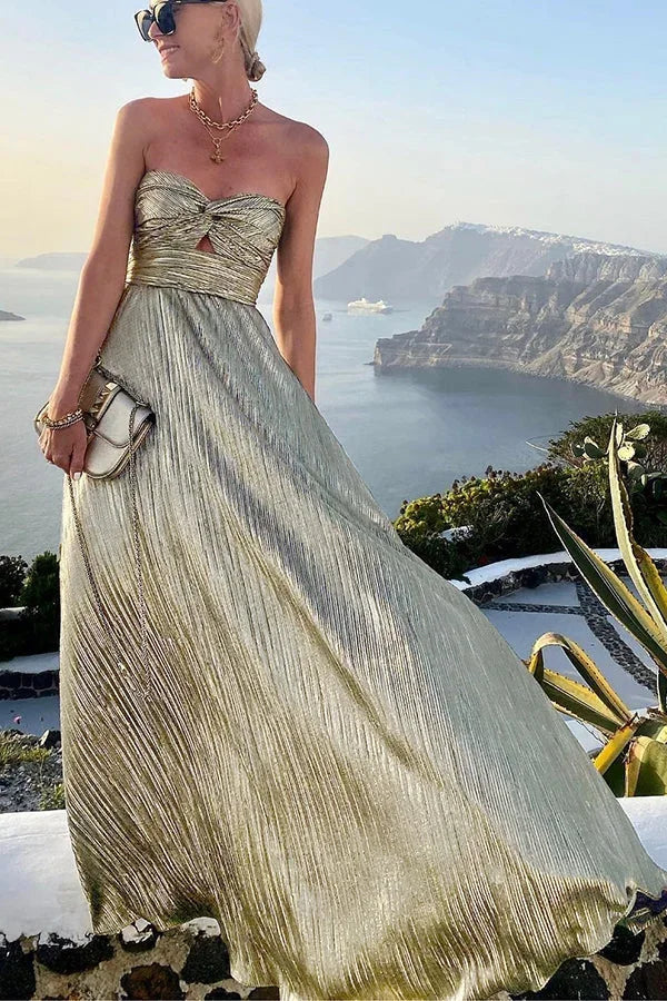 Robe longue bustier en satin brillant, avec nœud à la taille, idéale pour les soirées et les événements spéciaux.