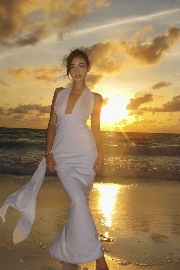 Robe longue dos nu en tissu léger, décolleté plongeant, disponible en blanc ou noir, parfaite pour les occasions spéciales.