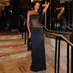 Robe longue dos nu en dentelle sans manches, tissu léger, design élégant, idéale pour les soirées. Coloris disponible : noir.