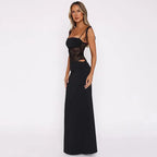 Robe longue dos nu en dentelle sans manches, offrant un design élégant pour soirées, conçue en tissu léger et délicat.