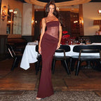 Robe longue sans manches en dentelle, dos nu, idéale pour une soirée d'été élégante et aérée. Matériau léger et design chic.