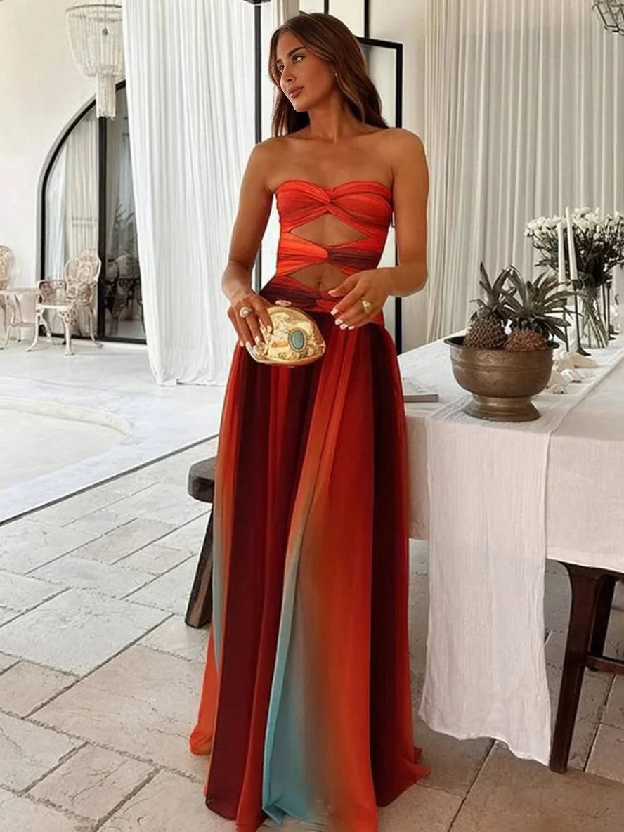 Robe maxi femme en polyester avec dégradé orange et dos nu, idéale pour des occasions décontractées.