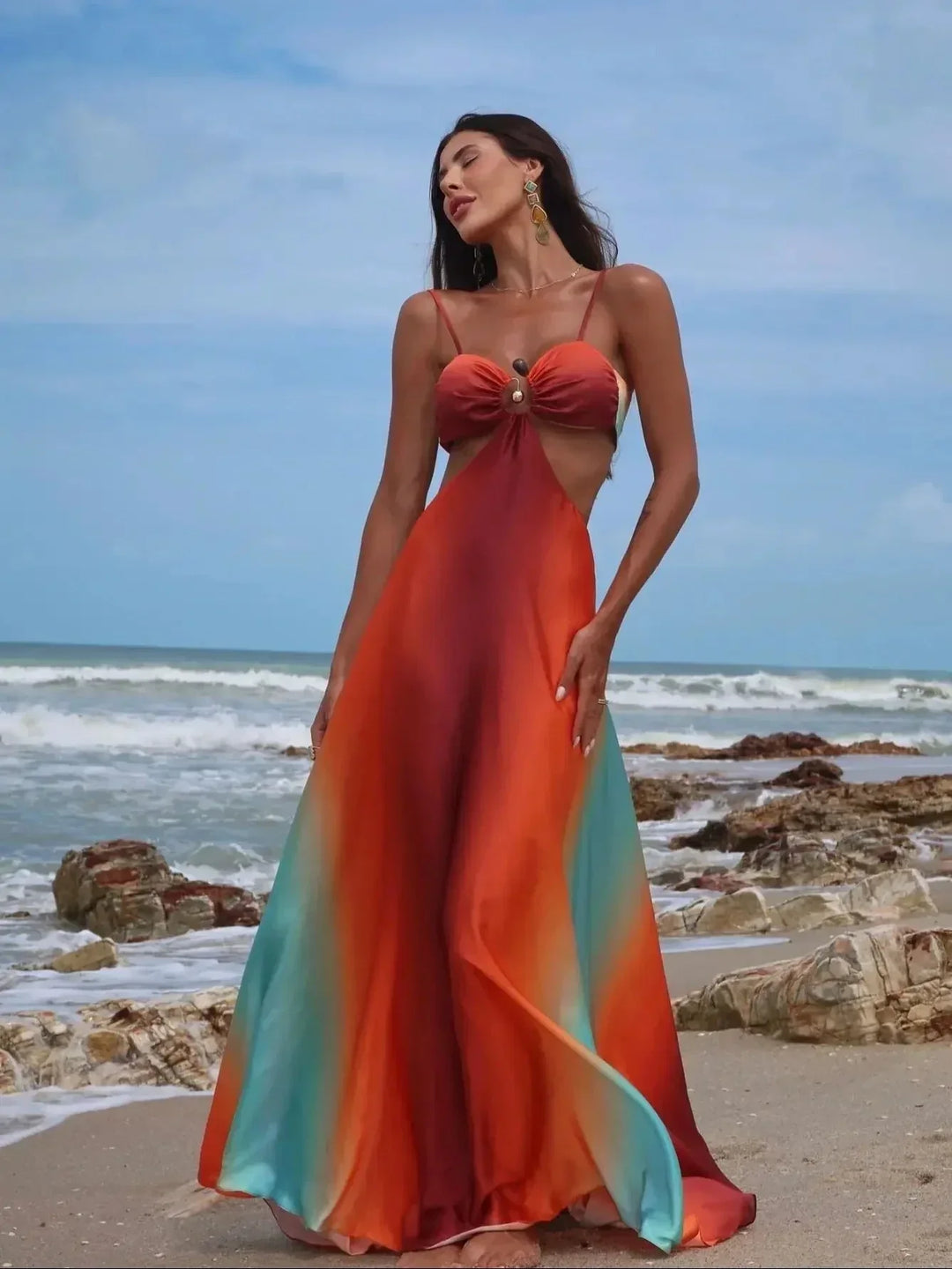 turquoise orange dress Maxi woman gradient with cut-outs – LE LABEL DE PARIS Sustainable Maxi Dress 72Styles Infinity Dress | machine wash cold Made Size::US 10.5