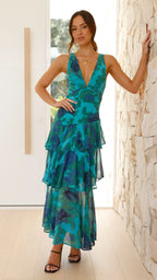 Robe maxi femme à volants, imprimée, sans manches, en coton léger, parfaite pour les journées ensoleillées.