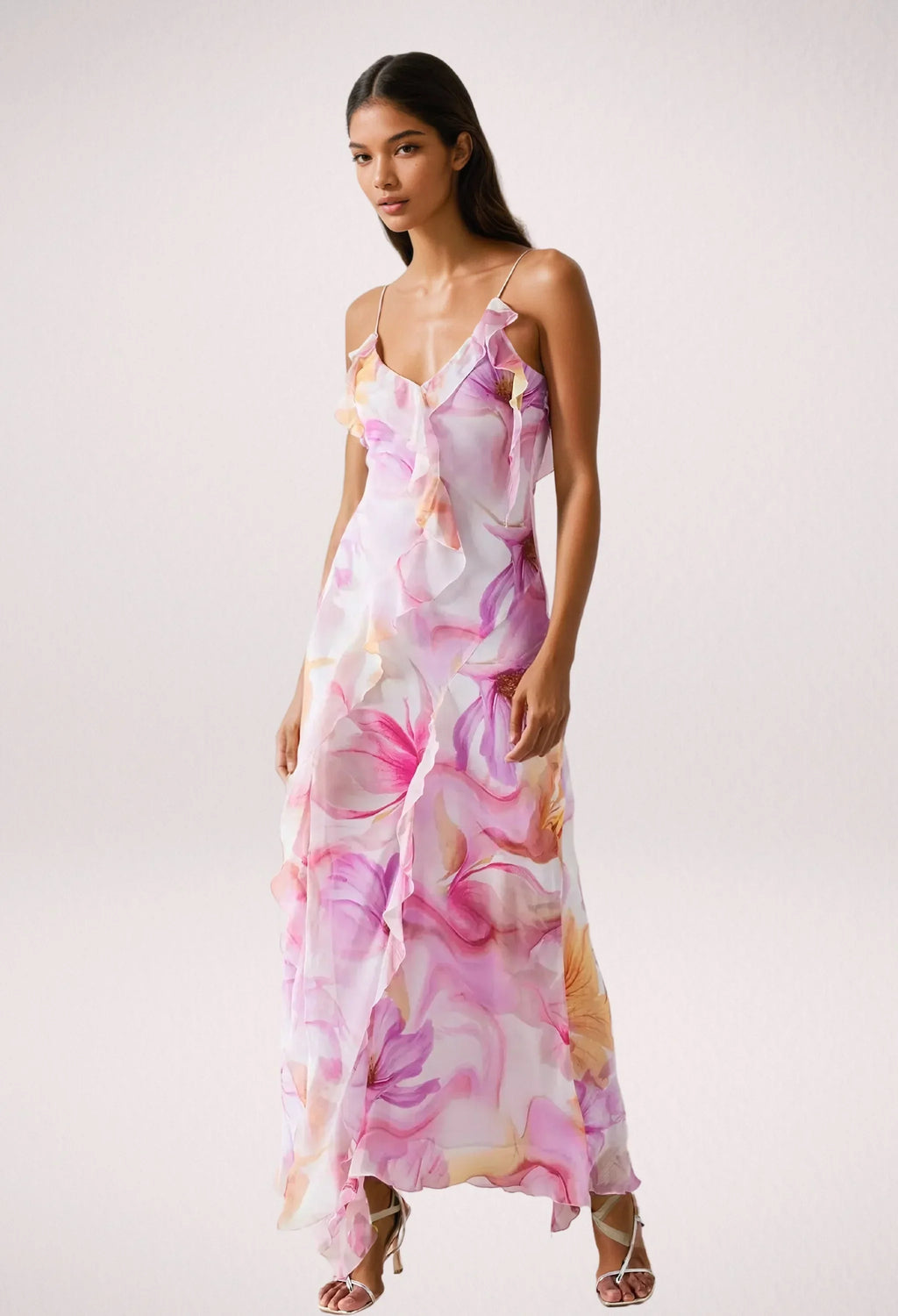 Robe longue fleurie rose sans manches avec volants, en tissu léger idéal pour l'été, avec un motif floral vibrant.