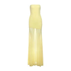 Robe longue jaune sans bretelles, fluide, jupe transparente et légère, idéale pour des occasions spéciales et l'été.