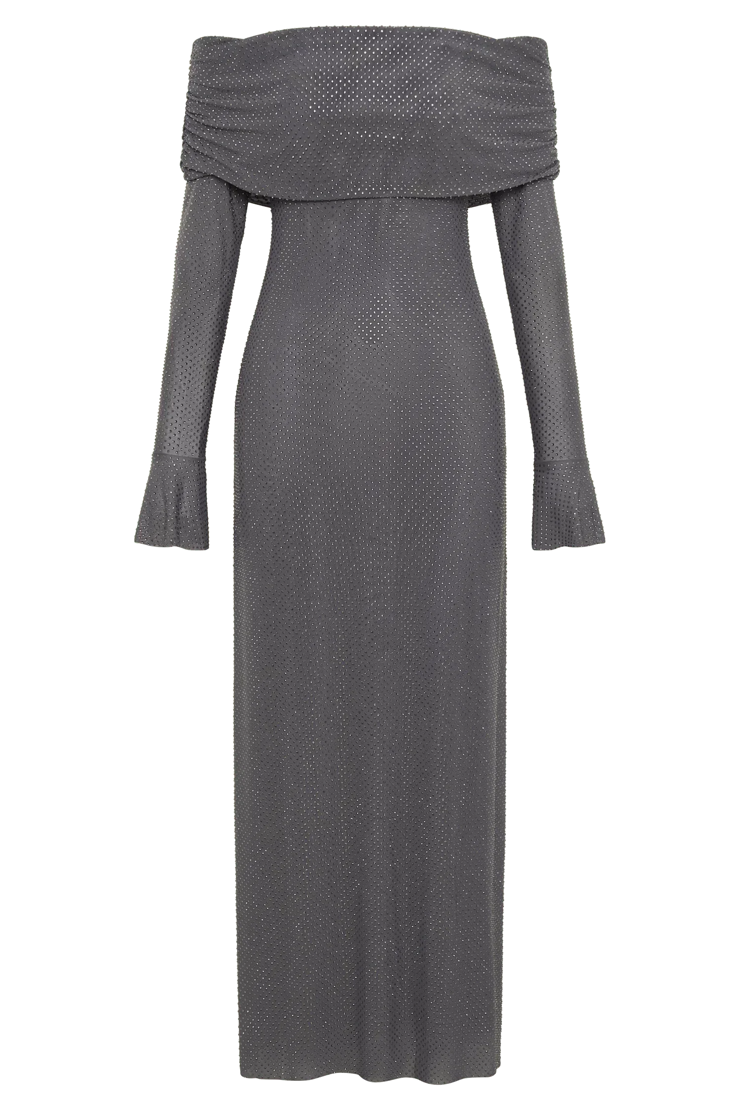 Robe longue scintillante en tissu doux, épaules dénudées, manches longues, ornée de détails brillants et d'un cut flatteur.