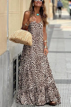 Robe longue sans manches en tissu léger, motif léopard, avec volants décontractés, parfaite pour l'été.