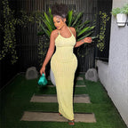 Robe longue moulante sans manches en dentelle, dos nu, disponible en plusieurs couleurs, idéale pour les soirées élégantes.