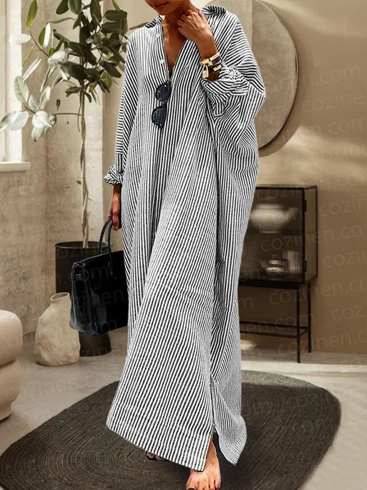 Robe longue à rayures, manches longues, col en V, conçue en tissu léger et fluide, idéale pour un look décontracté d'été.