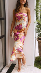 Robe longue sans bretelles à motifs floraux, en coton léger, idéale pour les journées d'été.