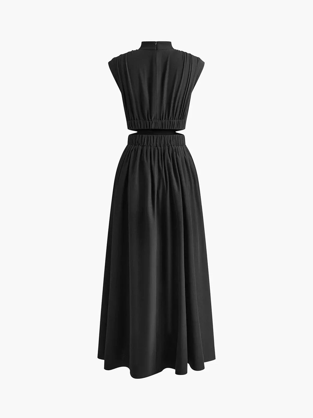 Robe longue sans manches en tissu léger, col montant, avec découpes élégantes, idéale pour une soirée d'été.