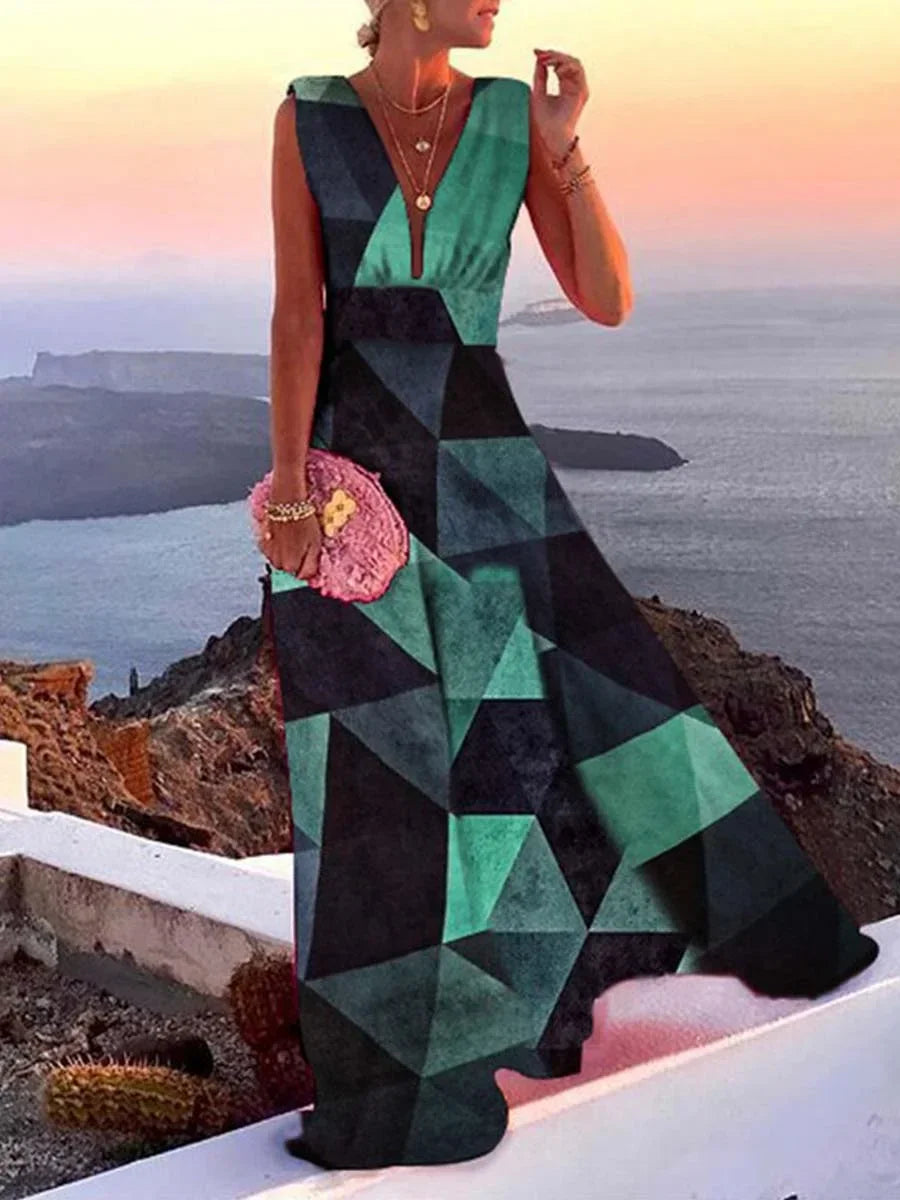 Robe longue sans manches pour femme en tissu fluide, col en V, idéale pour l'été et les journées à la plage.