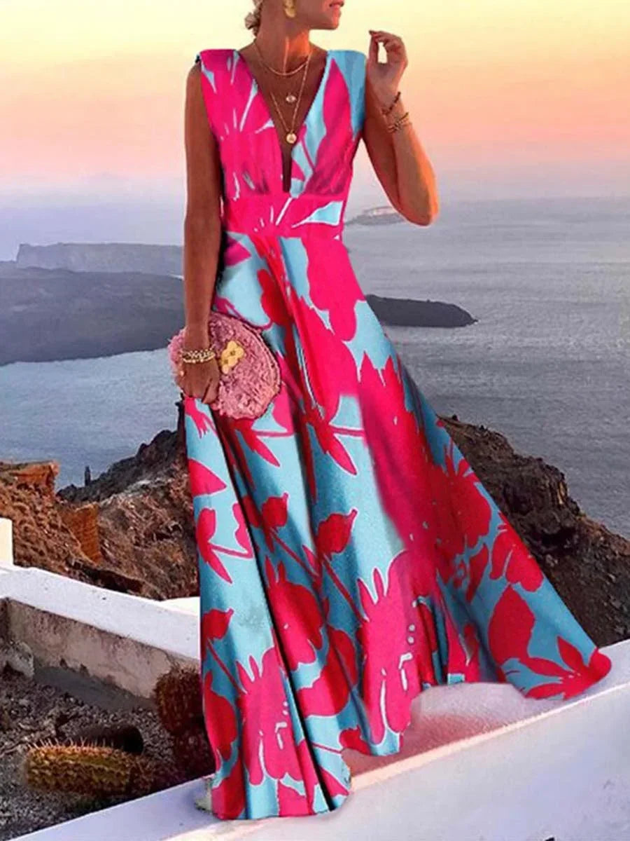 Robe longue sans manches pour femme en tissu fluide, col en V, idéale pour l'été et les journées à la plage.
