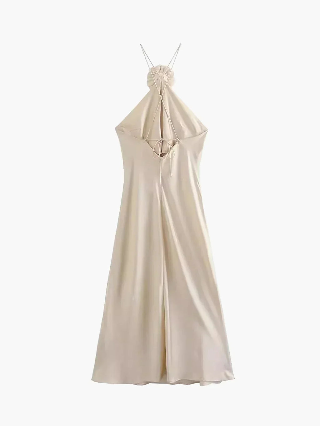 Robe longue satin ivoire avec dos nu et décoration rose, parfaite pour les occasions de mariage.