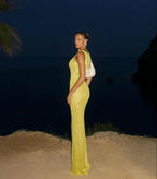 Robe longue sans manches, en sequins, à encolure plongeante, idéale pour les soirées, offrant un look élégant et scintillant.