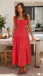 Robe longue légère à étages, sans manches, avec cordon dos nu, en tissu fluide idéale pour l'été.