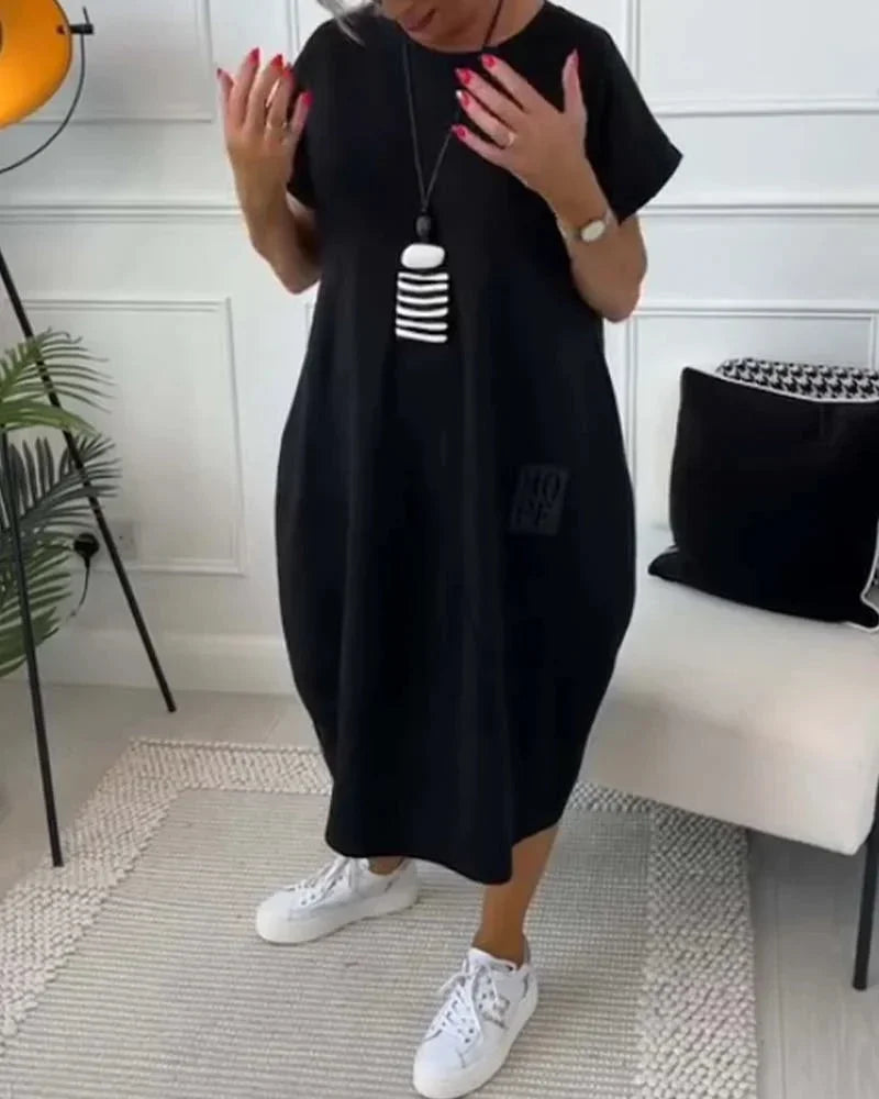 Robe midi fluide à manches courtes, coupe ample, décontractée, avec poches, parfaite pour toutes les saisons.