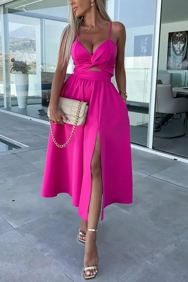 Robe midi décontractée en coton avec découpes, poches spacieuses et fente longue pour un confort optimal.