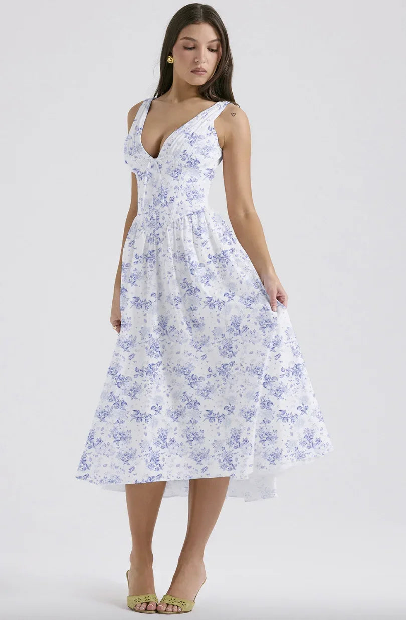 Robe midi florale évasée avec corset, col en V, en tissu léger, disponible en plusieurs couleurs pour l'été.