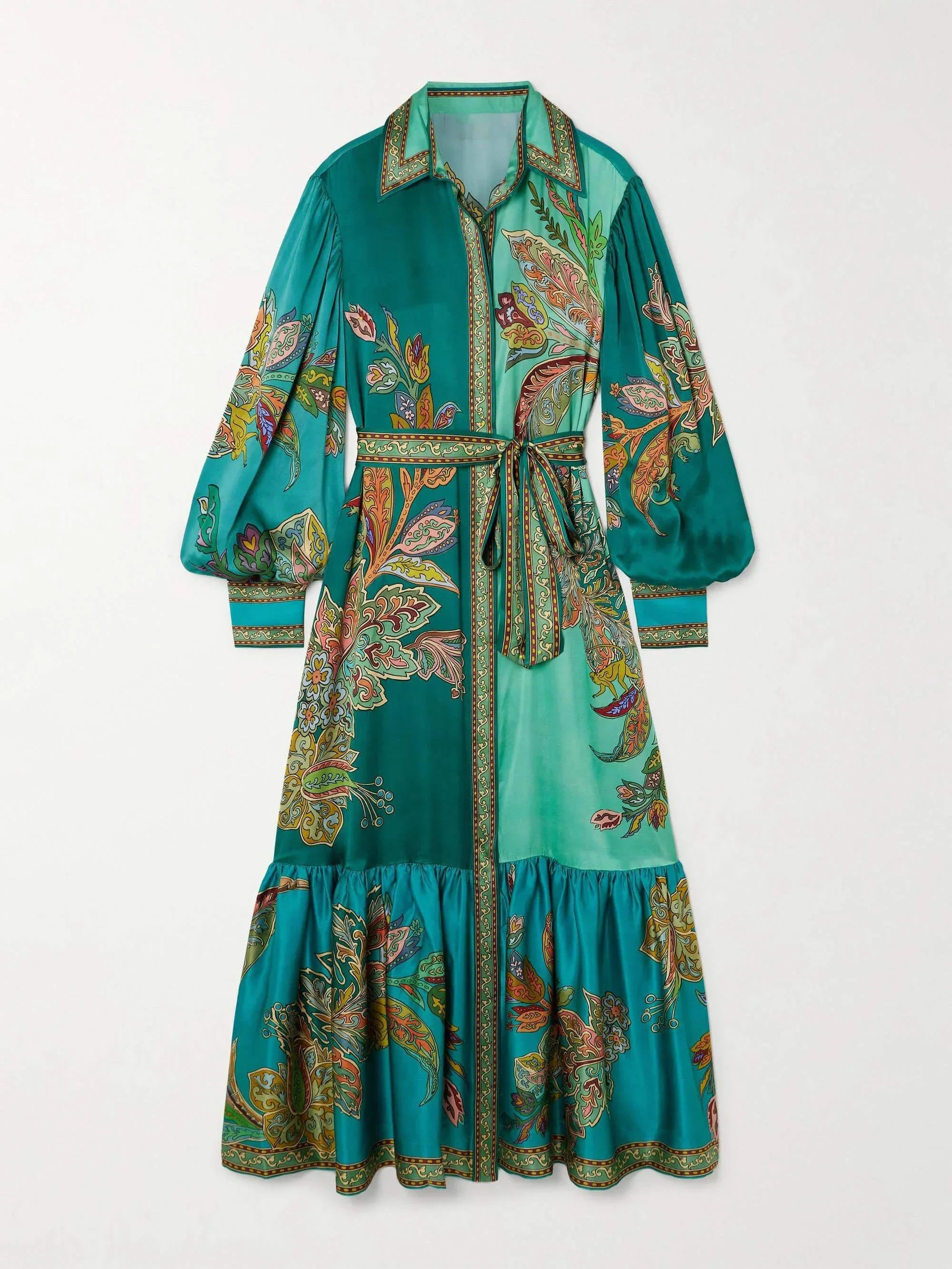 Robe midi fluide en tissu léger, imprimée, avec ceinture, manches longues et col à revers, idéale pour l'automne.