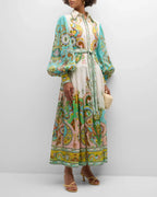 Robe midi en tissu léger avec imprimé cachemire, manches bouffantes et ceinture, col chemise, idéale pour le printemps.