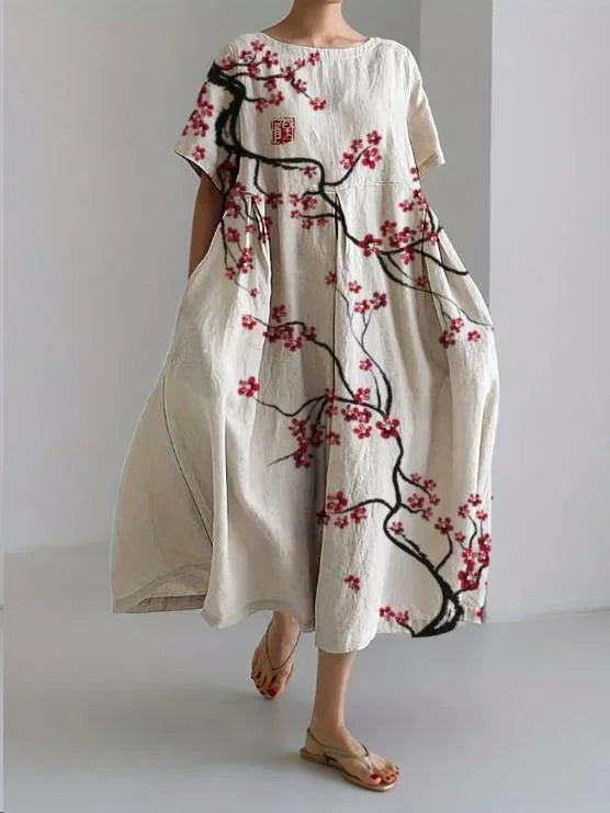 Robe midi à imprimé floral, coupe ample, manches courtes en coton léger, parfaite pour les journées printanières…
