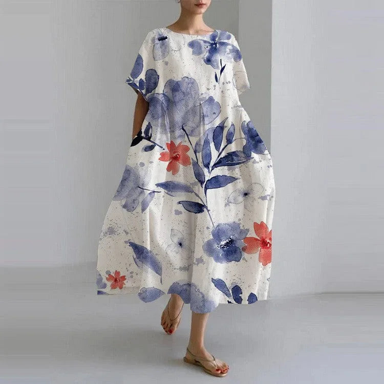 Robe midi ample à imprimé floral, manches courtes, en tissu léger, idéale pour le printemps, style décontracté.