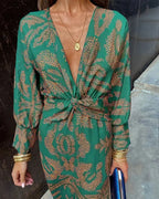 Robe midi portefeuille en tissu léger, imprimée, avec manches longues et col en V, idéale pour l'automne.