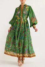 Robe midi verte à imprimé oiseaux, manches longues, col chemise, ceinture, en tissu léger parfait pour l'automne.