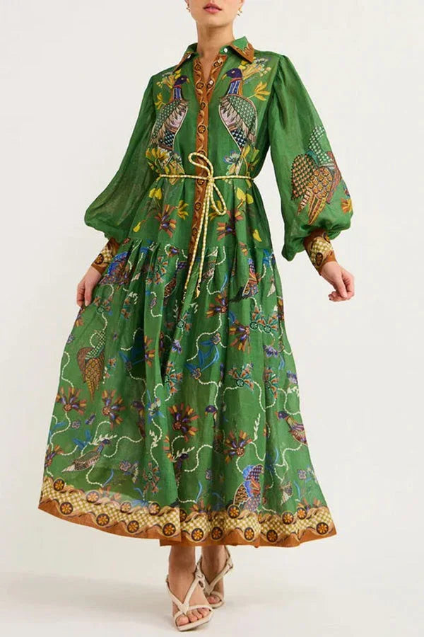 Robe midi verte à imprimé oiseaux, manches longues, col chemise, ceinture, en tissu léger parfait pour l'automne.