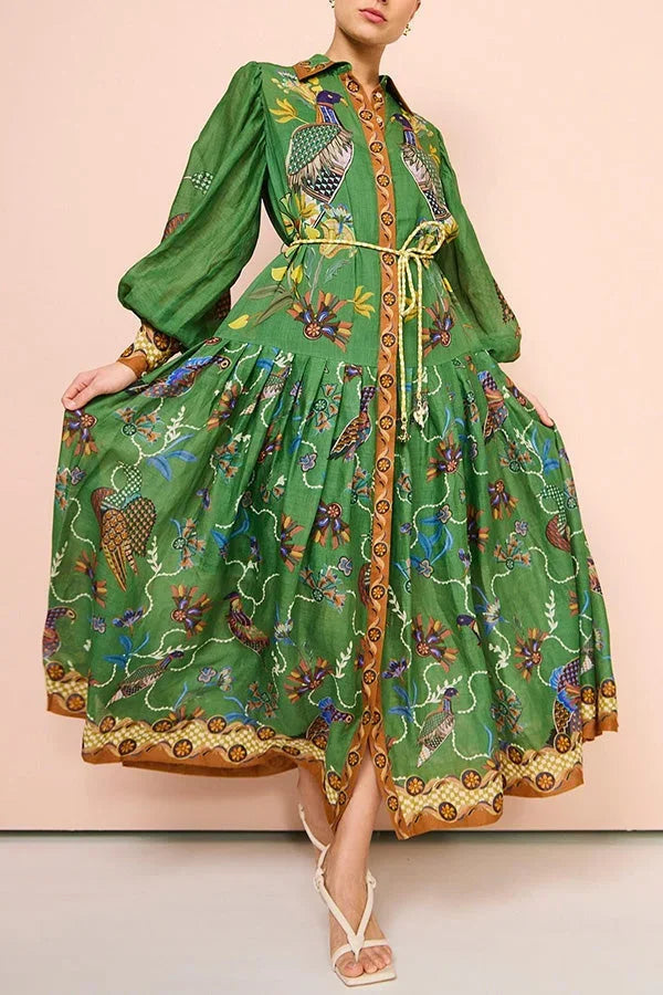 Robe midi verte à imprimé oiseaux, manches longues, col chemise, ceinture ajustable, en tissu doux pour l'automne.