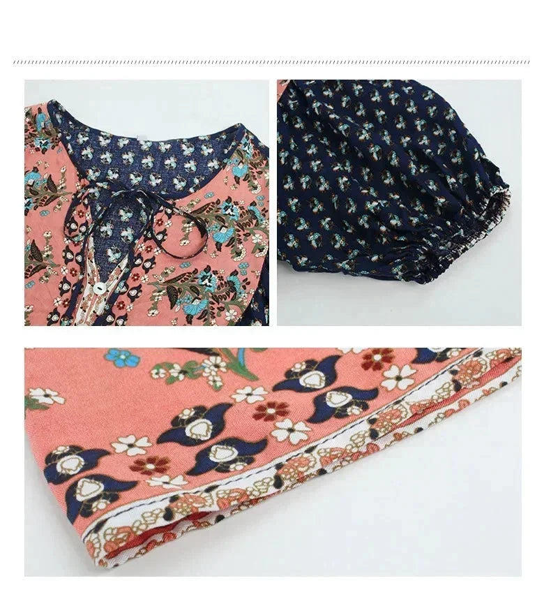 Robe courte bohème multicolore, col V, manches courtes élastiquées, idéale pour l'été et les journées à la plage.