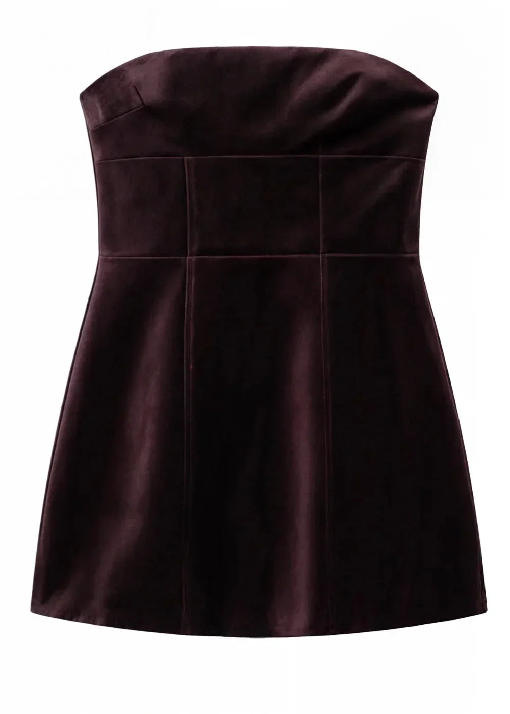Robe courte bordeaux en satin, bustier ajusté, avec une coupe élégante idéale pour les soirées et cocktails.