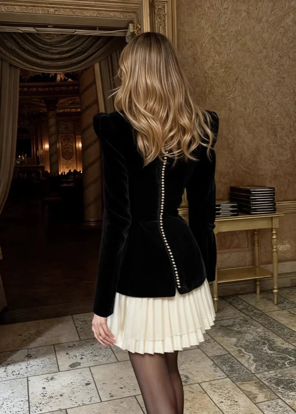 Robe courte noire avec haut structuré et jupe plissée, idéale pour les soirées, en tissu léger et élégant.