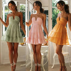 Robe courte d'été en coton, dos nu, bretelles colorées, volants légers, parfaite pour la plage et les vacances.