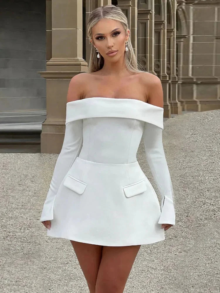 Robe courte en tissu léger, manches longues, épaules dénudées, avec poches, idéale pour soirées - Plusieurs couleurs…