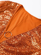 Robe courte pailletée, col plongeant, manches évasées, en tissu scintillant, idéale pour sortir en club.