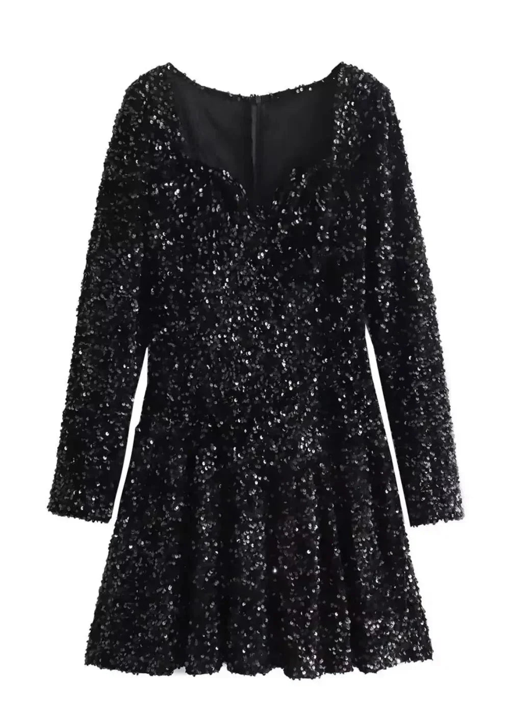 Robe noire pailletée, manches longues, col en cœur, coupe ajustée idéale pour soirées festives, tissu brillant.